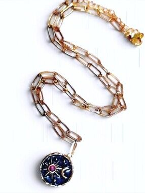 Sun Moon Celestial Coin Pendant Necklace Gold Paperclip Chain Boho Talisman NWOT